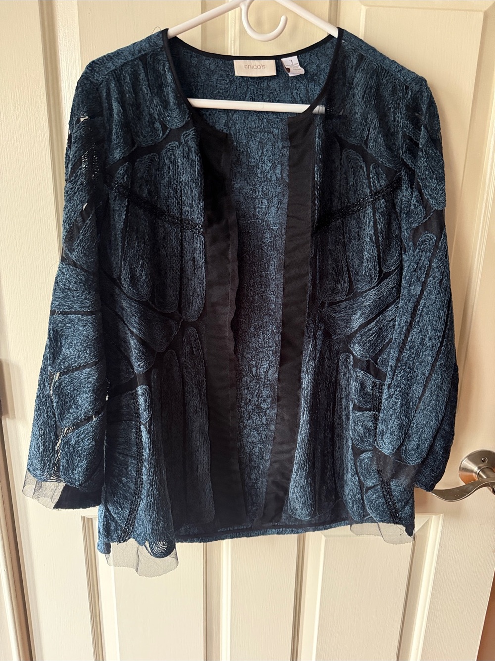 Chico's Blue Chenille/Mesh Open-Front Jacket with Black Trim-Size 1